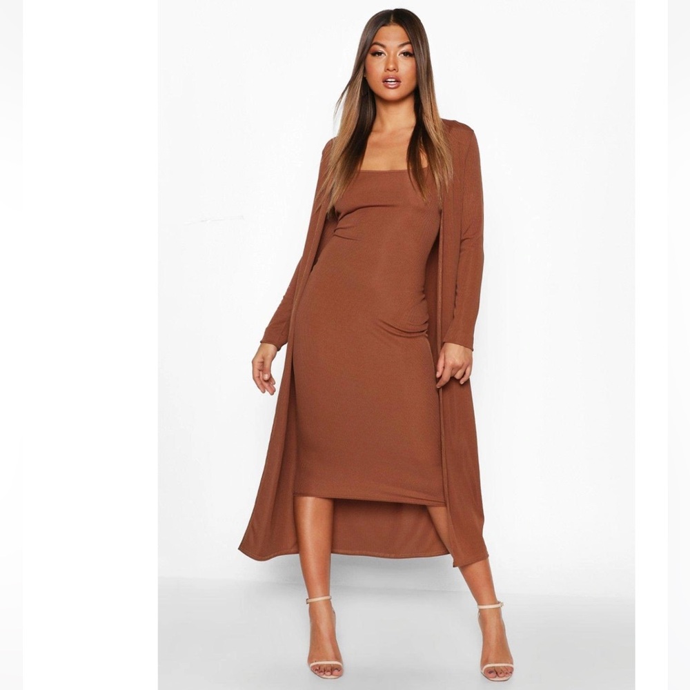Boohoo Chocolate Ribbed Sleeveless Midi Dress and Duster Matching Set - Picture 15 of 15